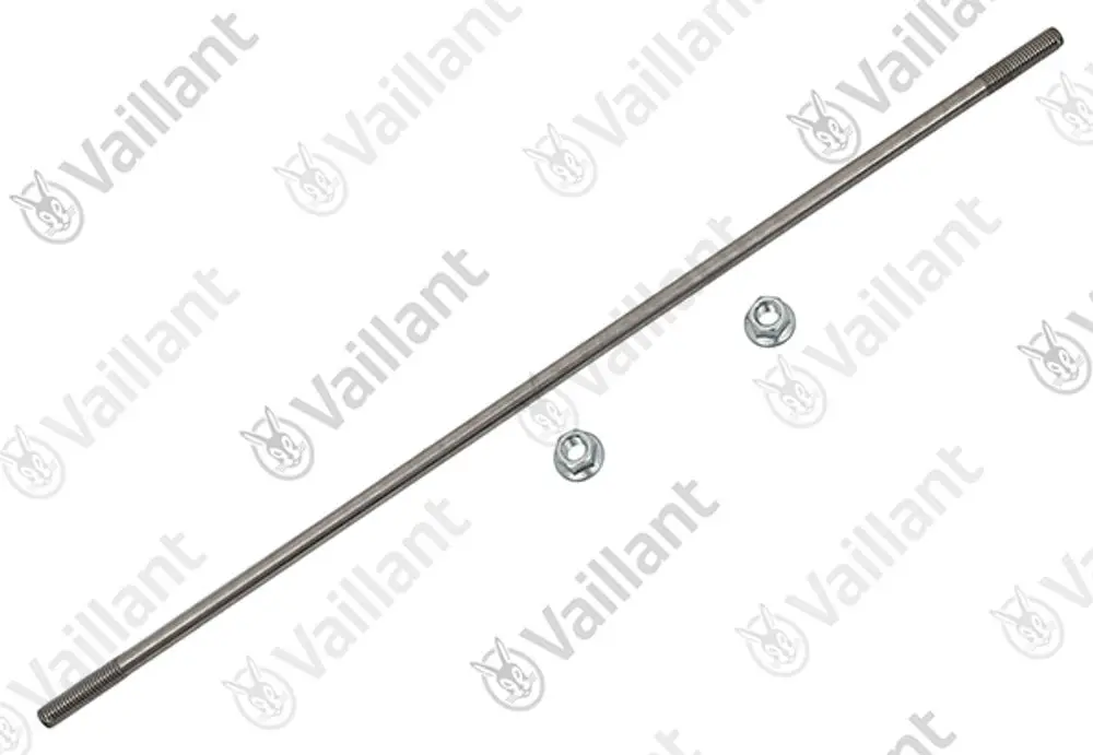 Vaillant Ankerstange aus Metall mit Gewinde, daneben zwei passende Schrauben. Das Produkt ist für Montageanwendungen konzipiert.